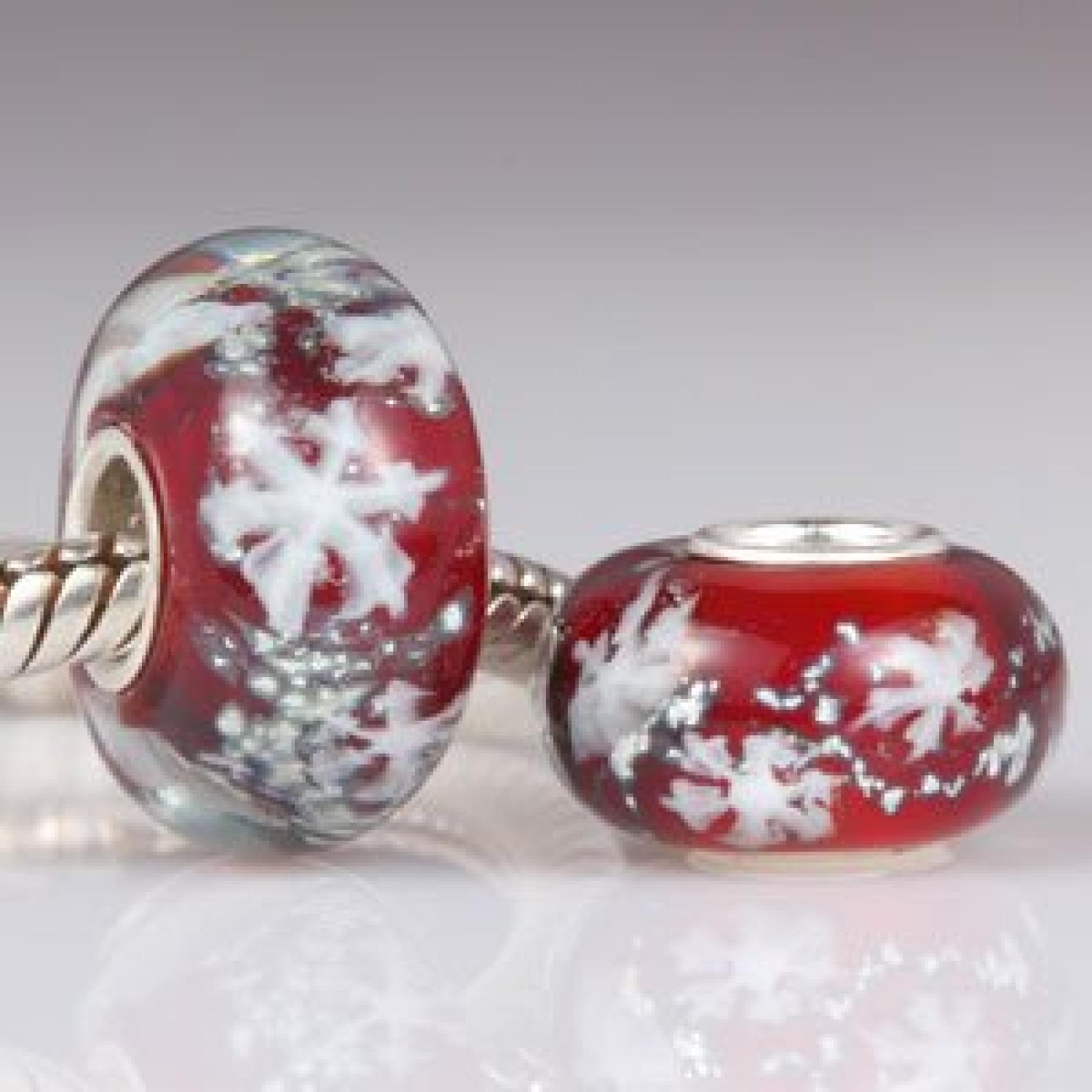 Andante-Stones Original Massiv 925 Sterling Silber Murano Bead "Schneeflocken" (rot) Element Kugel f&uuml;r European Beads + Organzas&auml;ckchen 